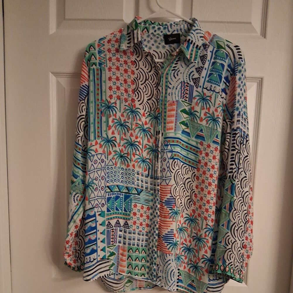 Shana Multi-Pattern Graphic Button-Up Shirt - Palm Trees & Geometric Long Sleeve